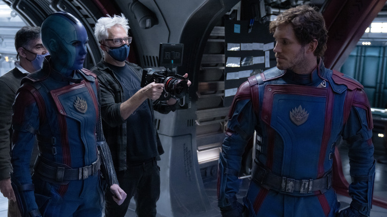 Karen Gillan, James Gunn, and Chris Pratt on the set of Guardians of the Galaxy Vol. 3